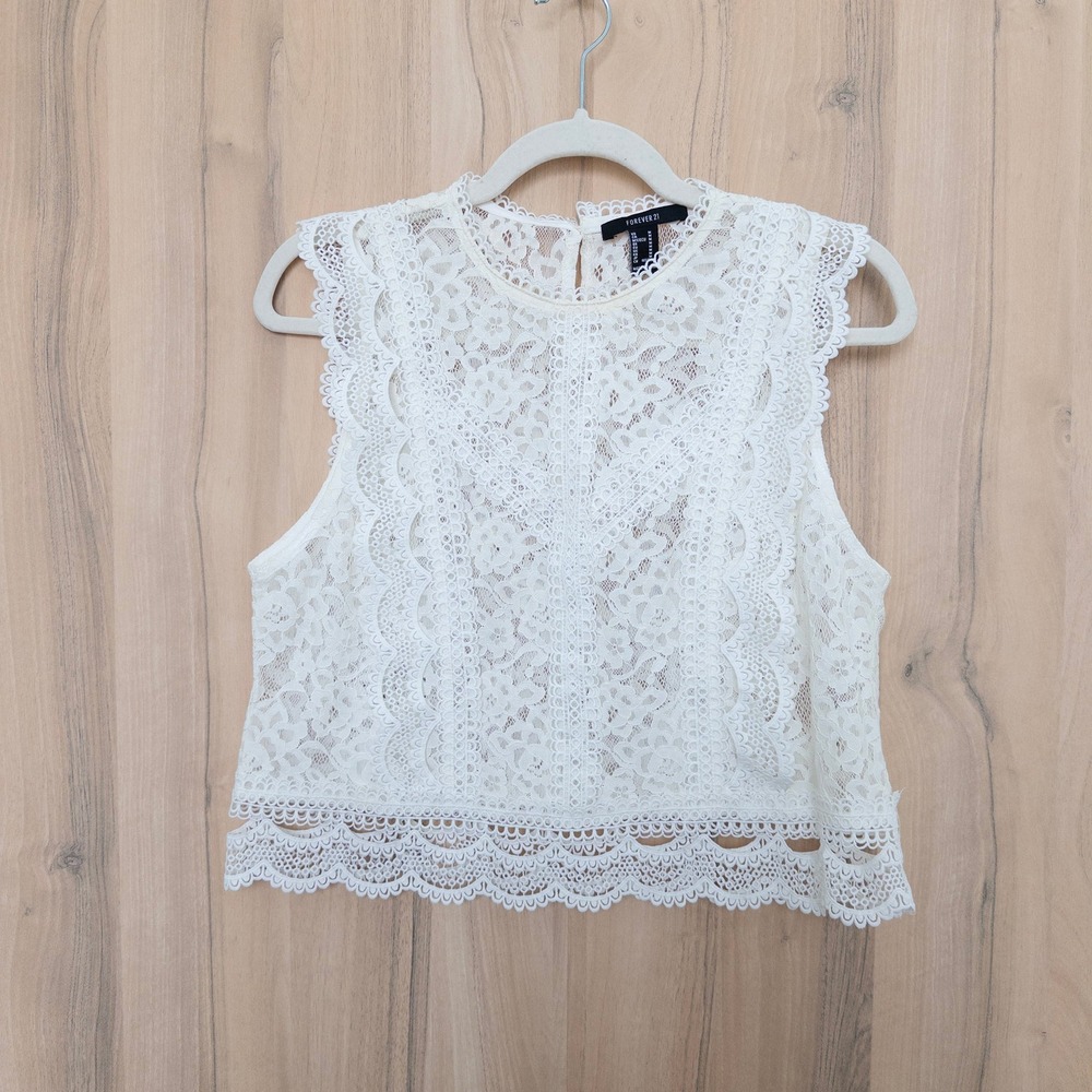 Womens Lace Sheer Cropped Top Medium White Sleeveless Romantic Feminine Coquette